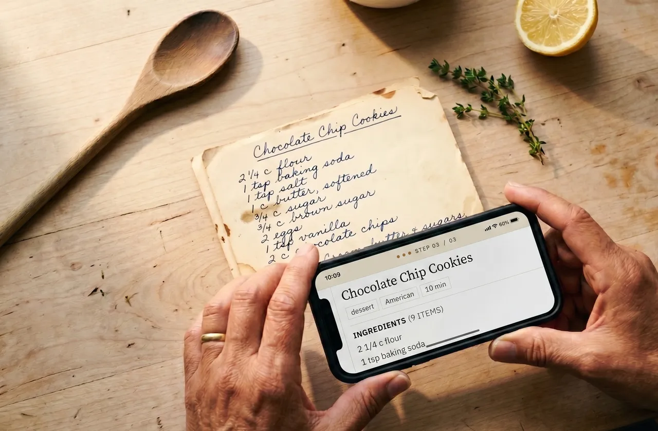 Hands holding a phone over a handwritten family recipe card.