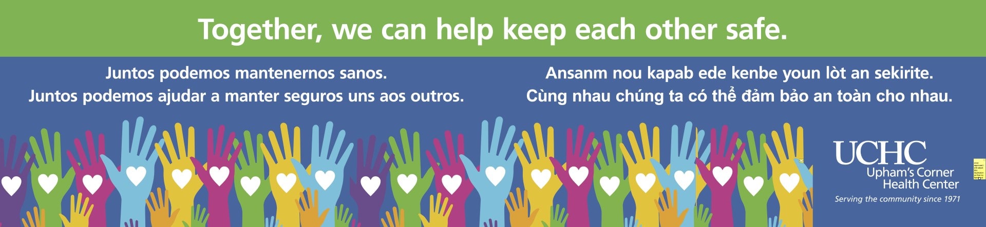 Colorful banner that says, "Together, we can help keep each other safe" in five languages