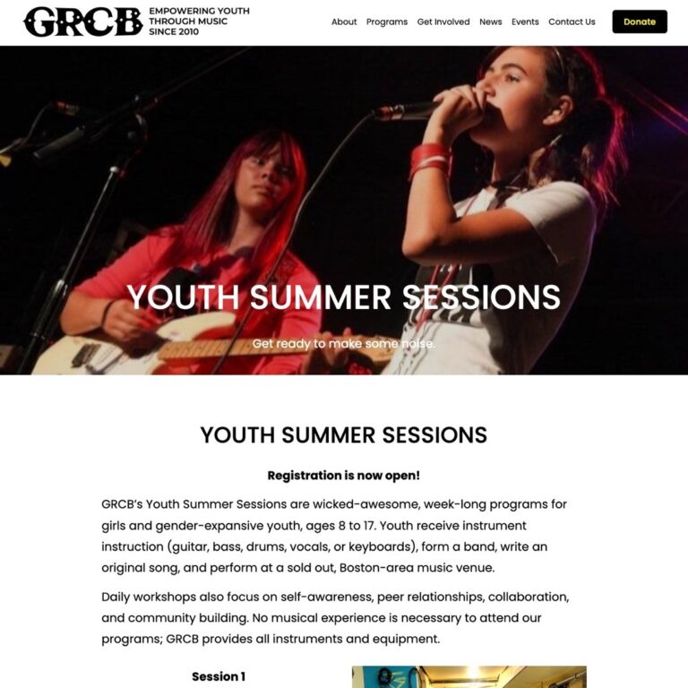 GRCB website Youth Summer Sessions page
