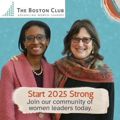 The Boston Club social media post with the text "Start 2025 Strong. Join our community of women leaders today."